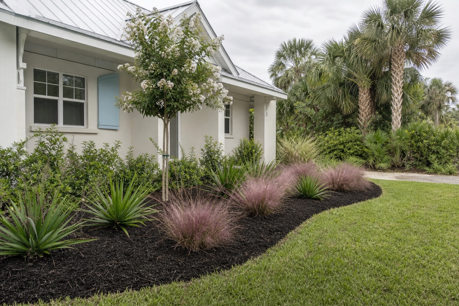 A newly planted landscape bed with dark mulch, grasses and a young crape myrtle against a green lawn