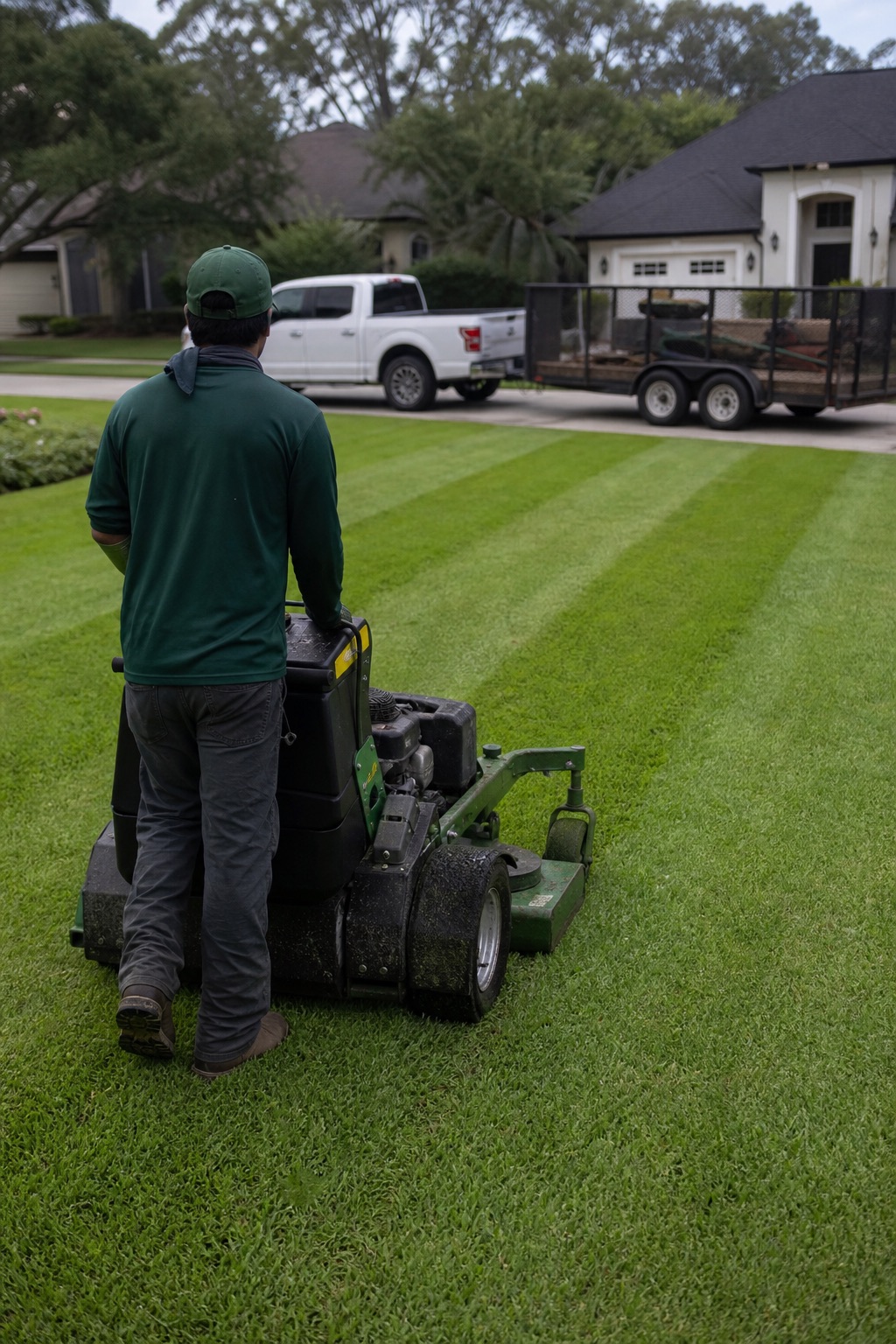A crew member on a stand-on mower cutting a striped lawn, work truck at the curb